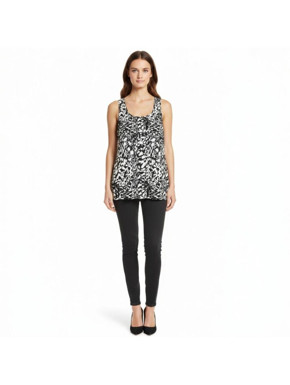 Tory Burch Women's Size 4 100% Silk Sleeveless Pleated Tank Top Black Pattern